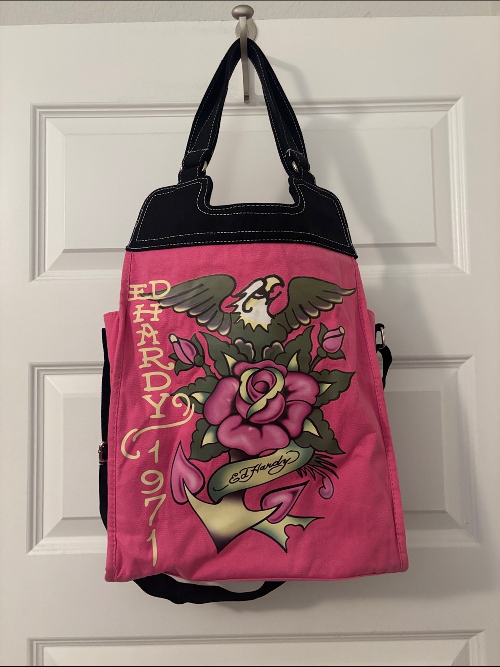 VTG Ed Hardy Hot Pink Rose & Eagle Canvas Tote w/Black Handles Y2K crossbody